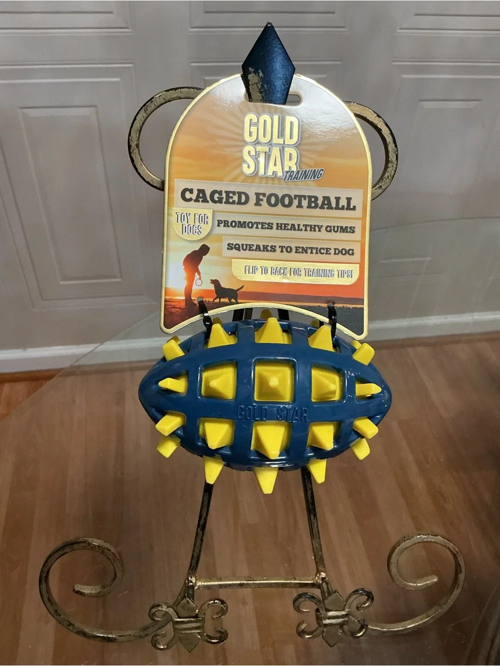Gold Starn Caged Football Squeak Dog Toy Blue & Yellow NEW!!!